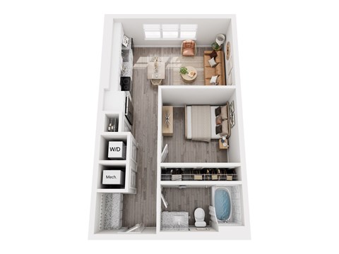 Floor plan for 1 bed, 1 bath, 589 sqft